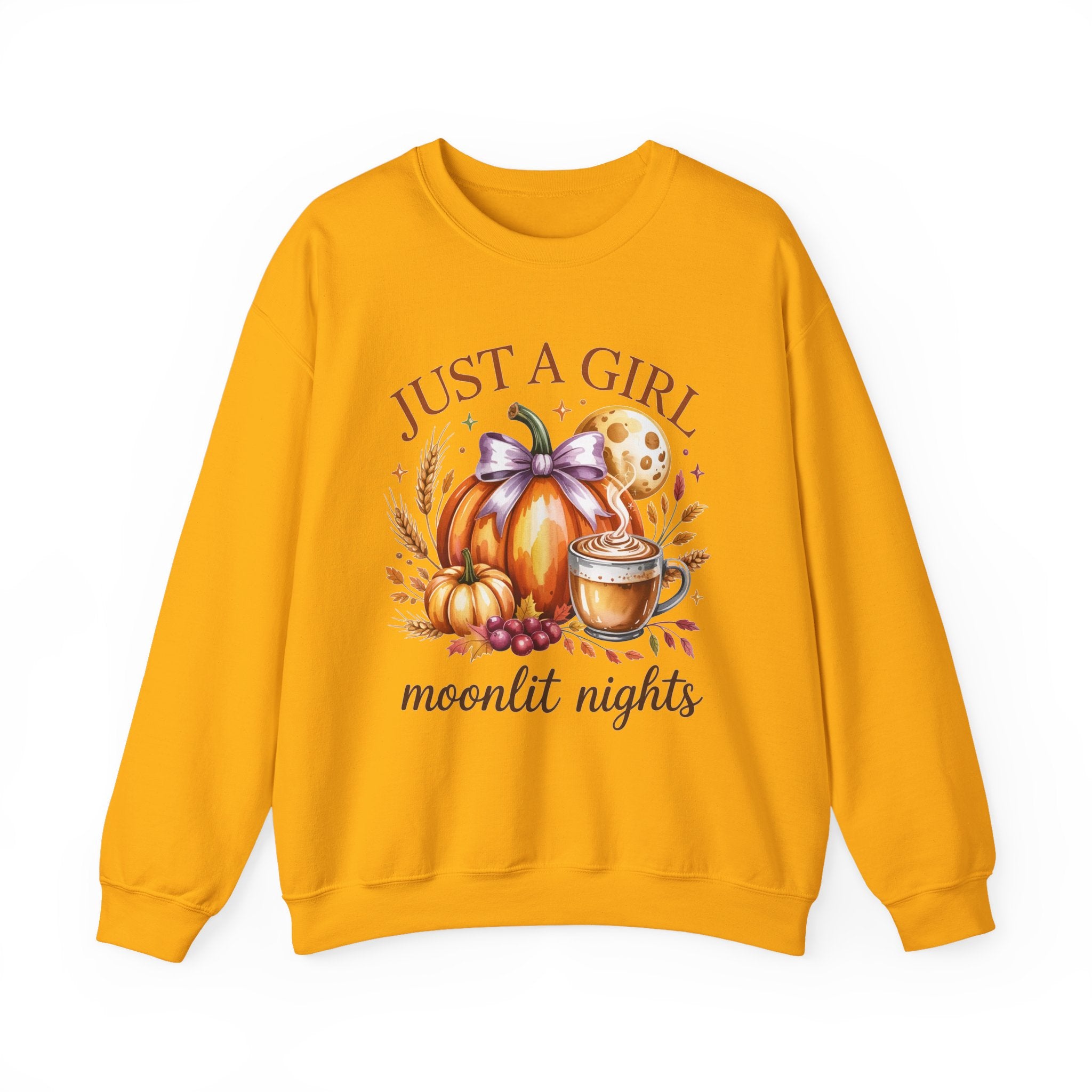 Just a Girl Moonlit Nights Sweatshirt, Cozy Fall Pumpkin Sweatshirt, Autumn Coffee Lover Pullover, Vintage Fall Crewneck, Pumpkin Spice Shirt, Cozy Season Gift