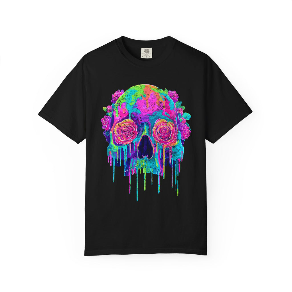 Meltdown Bloom Tee – Pretty. Poisonous. Permanent.  Vibrant Skull Floral Unisex T-Shirt, Artistic Tee, Colorful Skull Shirt, Gift for Artists, Unisex Fashion Tee