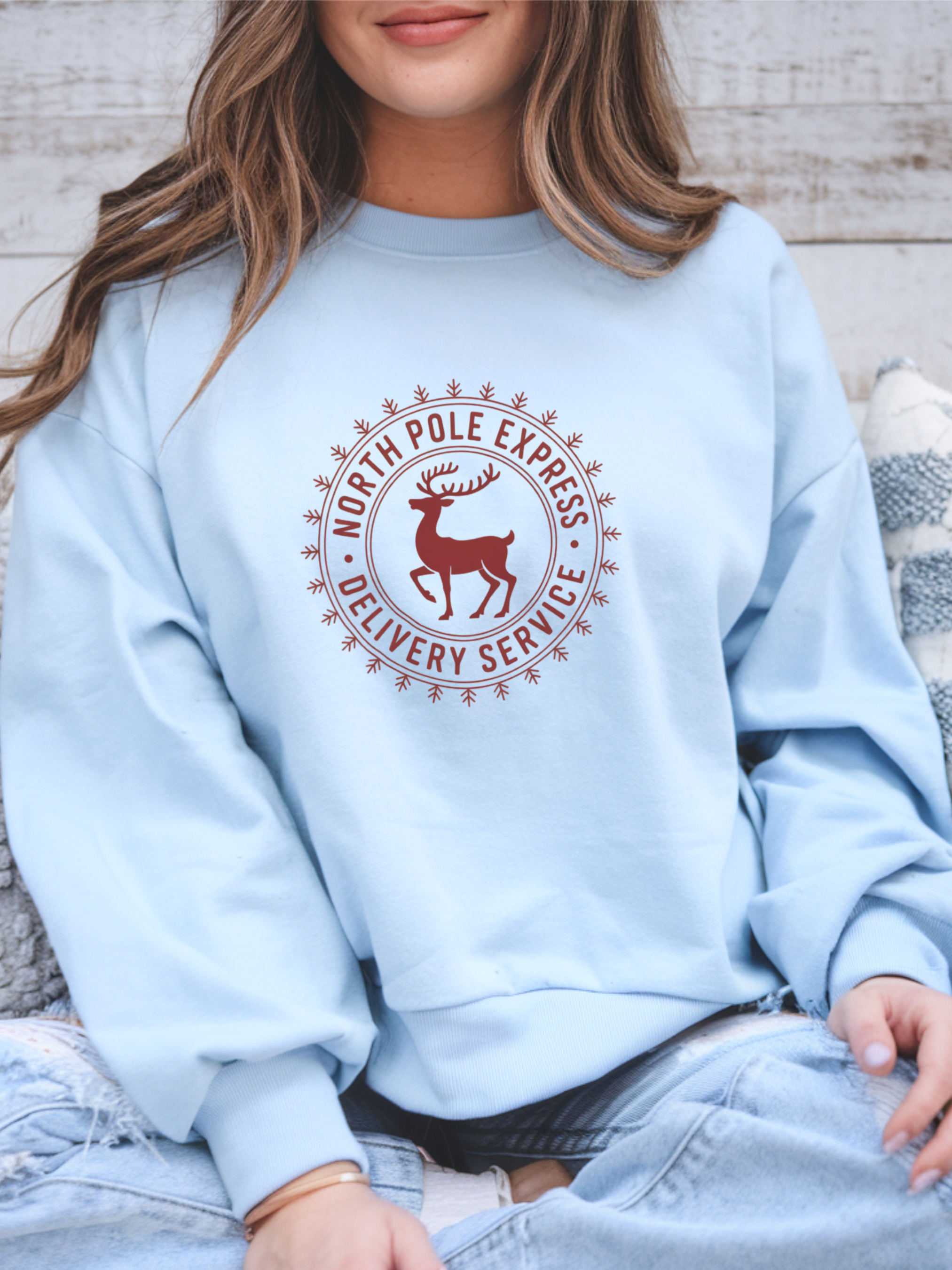 North Pole Express Sweatshirt, Deer Christmas Crewneck, Delivery Service Christmas Sweater, Woman Christmas Sweater, Holiday Girly Shirt, Christmas Sweatshirt for Women
