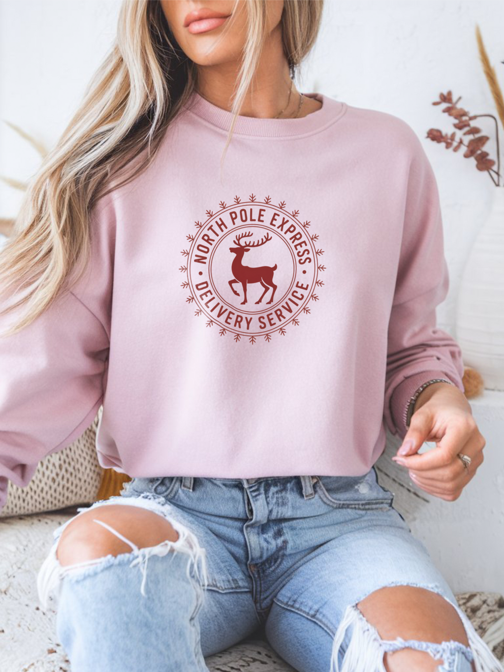 North Pole Express Sweatshirt, Deer Christmas Crewneck, Delivery Service Christmas Sweater, Woman Christmas Sweater, Holiday Girly Shirt, Christmas Sweatshirt for Women