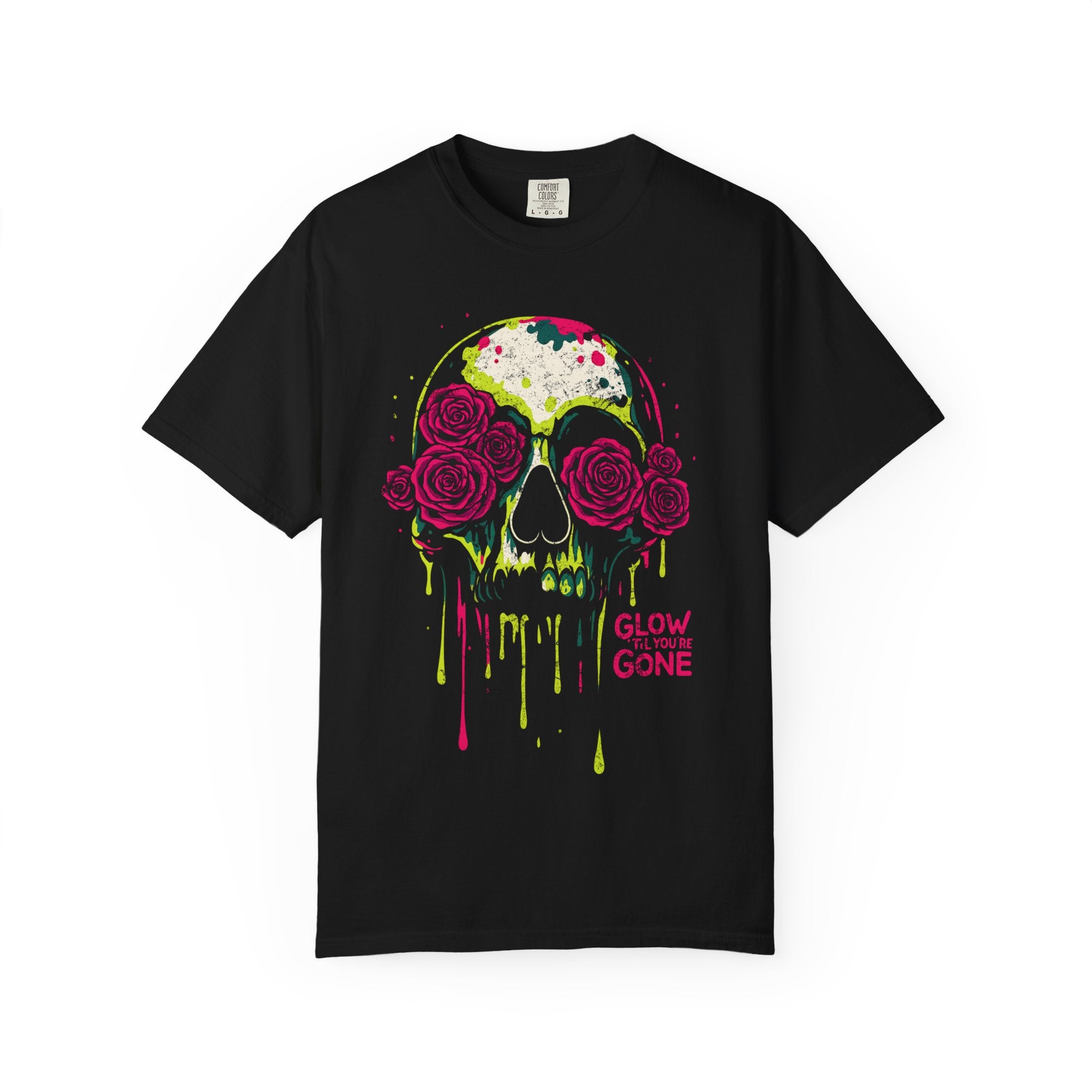 Glow ’Til You’re Gone Tee – Die Lit, Literally. Vibrant Skull Rose T-Shirt | Unisex Streetwear | Gothic Gift for Music Lovers & Halloween | Glow in the Dark Tee, Cool Graphic Shirt