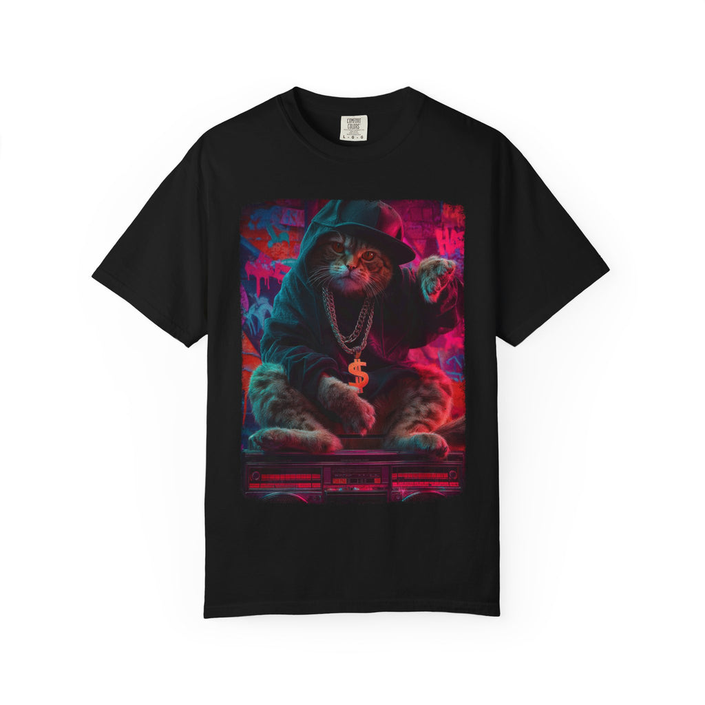 Block Party Boss Tee – Feline Flow, Neon Glow. Vibrant Cat Hoodie Unisex Garment-Dyed T-Shirt, Cute Cat Tee, Trendy Streetwear, Perfect Gift, Animal Lover Shirt, Casual Everyday Wear