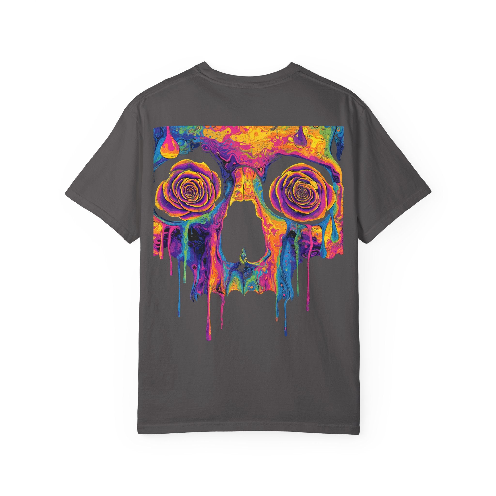 Psycho Bloom Backprint Tee – Colorful 'Til the Crypt. Colorful Skull Graphic Tee, Unisex T-Shirt, Trendy Streetwear, Gift for Art Lovers, Festival Apparel, Unique Casual Wear