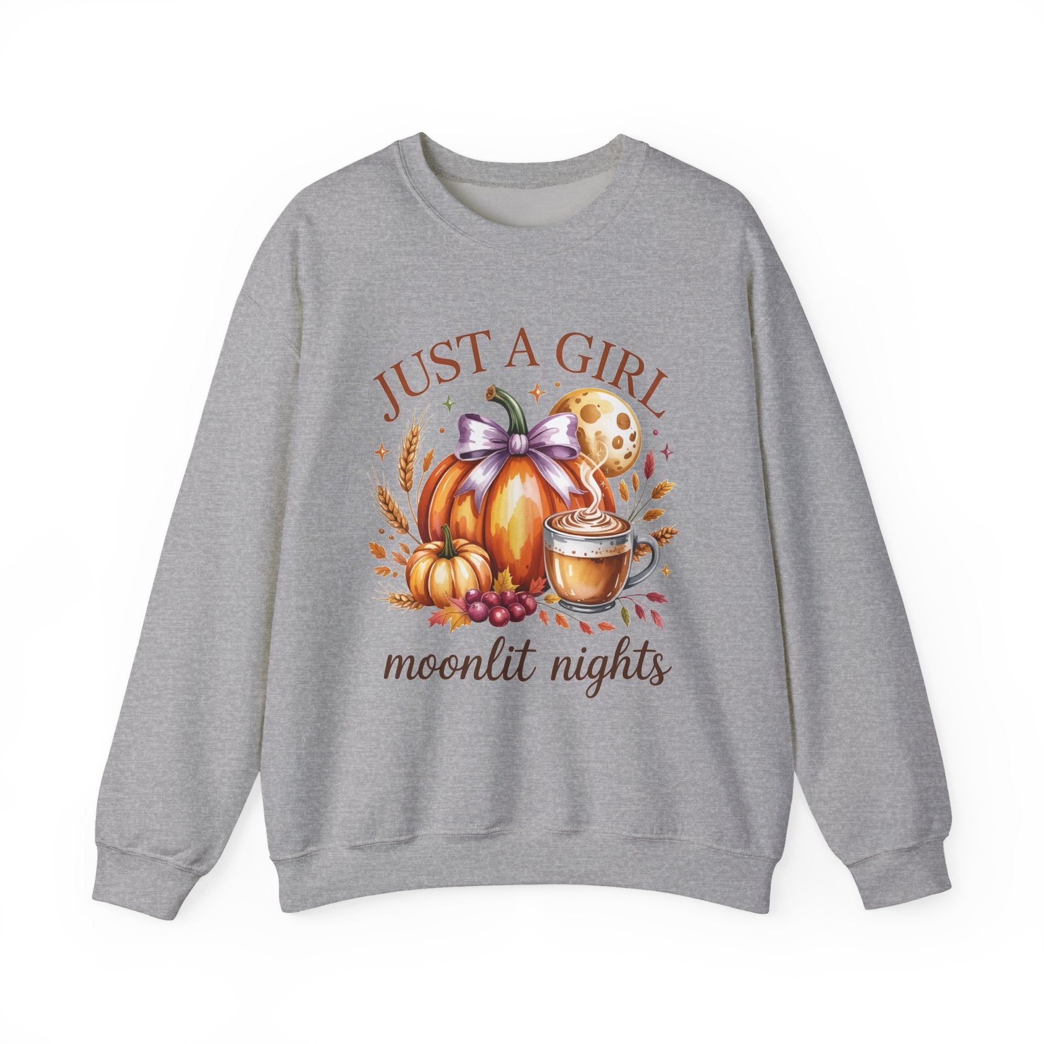Just a Girl Moonlit Nights Sweatshirt, Cozy Fall Pumpkin Sweatshirt, Autumn Coffee Lover Pullover, Vintage Fall Crewneck, Pumpkin Spice Shirt, Cozy Season Gift