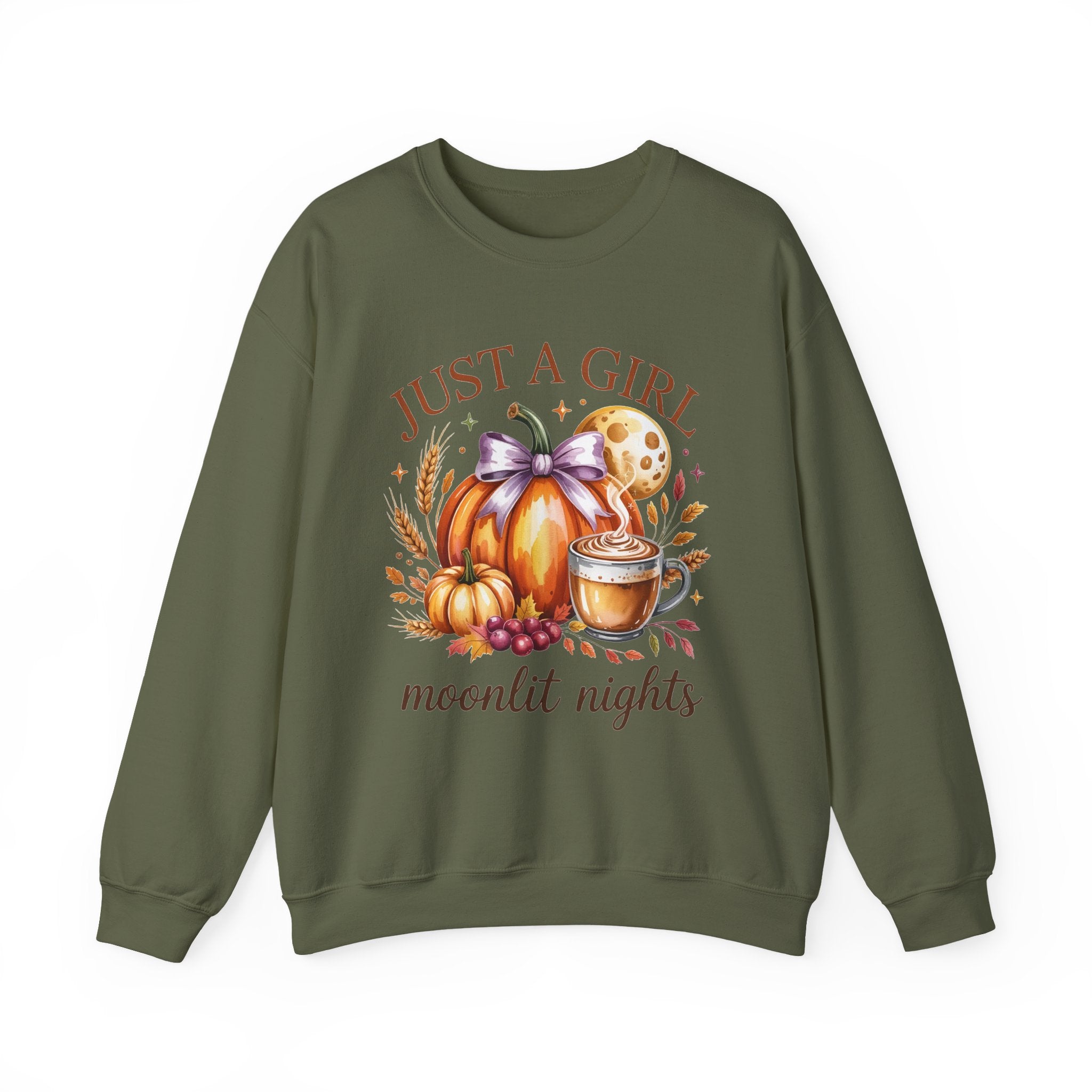 Just a Girl Moonlit Nights Sweatshirt, Cozy Fall Pumpkin Sweatshirt, Autumn Coffee Lover Pullover, Vintage Fall Crewneck, Pumpkin Spice Shirt, Cozy Season Gift
