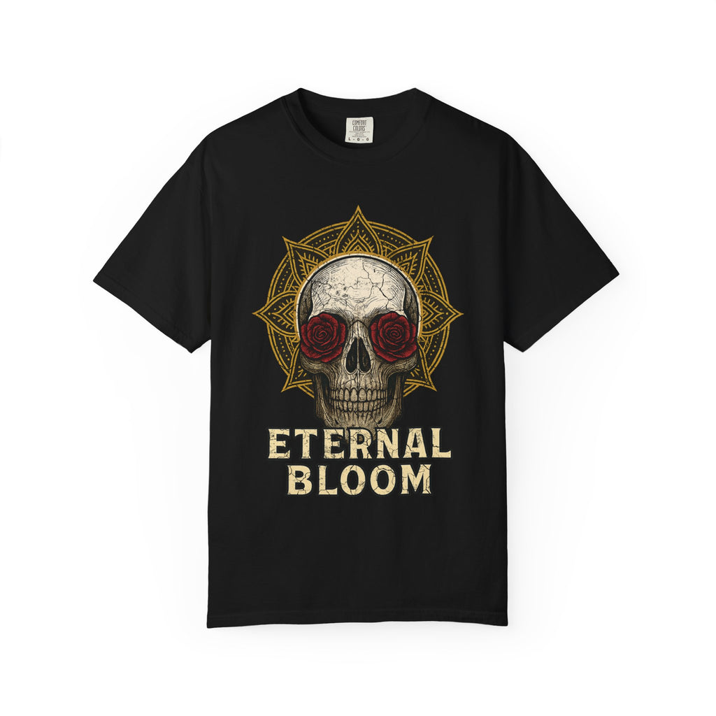 Eternal Bloom Tee – Death is Not the End. Unisex T-Shirt, Graphic Tee for Nature Lovers, Skull Design, Perfect for Festivals, Unique Gift Idea, Comfortable Casual Wear
