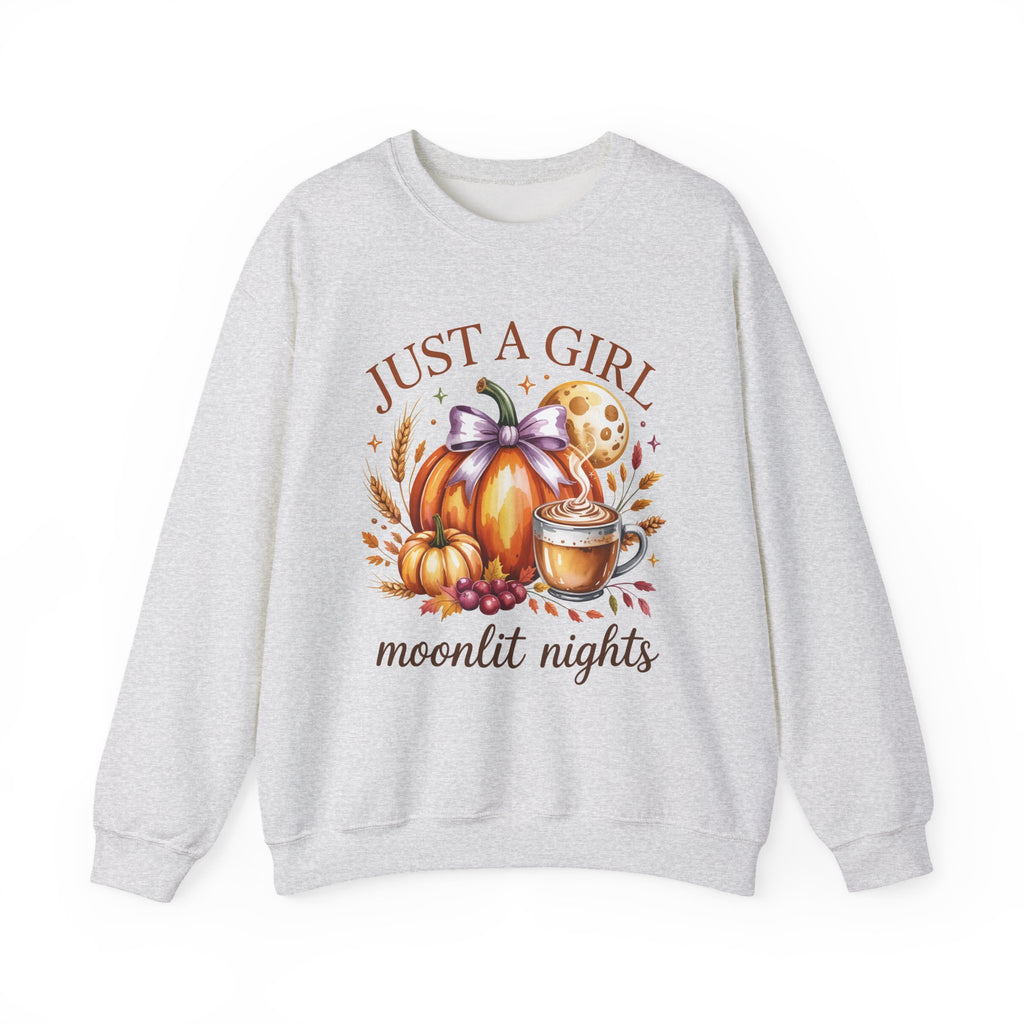 Just a Girl Moonlit Nights Sweatshirt, Cozy Fall Pumpkin Sweatshirt, Autumn Coffee Lover Pullover, Vintage Fall Crewneck, Pumpkin Spice Shirt, Cozy Season Gift