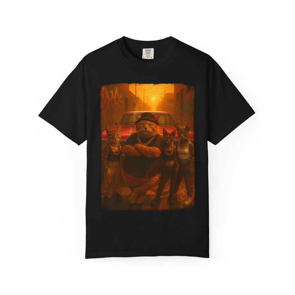 Alley Kings Tee – Sunset Streets, Feline Heat. Urban Vibe Graphic Tee | Unisex Garment-Dyed T-shirt for Trendy Styles, Casual Wear, Gifts, Street Fashion, Everyday Comfort.