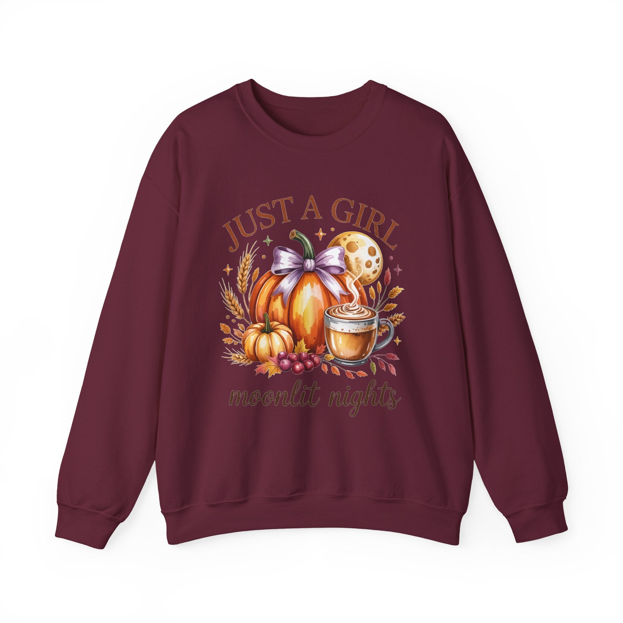Just a Girl Moonlit Nights Sweatshirt, Cozy Fall Pumpkin Sweatshirt, Autumn Coffee Lover Pullover, Vintage Fall Crewneck, Pumpkin Spice Shirt, Cozy Season Gift
