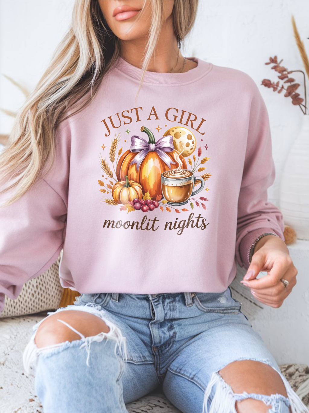 Just a Girl Moonlit Nights Sweatshirt, Cozy Fall Pumpkin Sweatshirt, Autumn Coffee Lover Pullover, Vintage Fall Crewneck, Pumpkin Spice Shirt, Cozy Season Gift