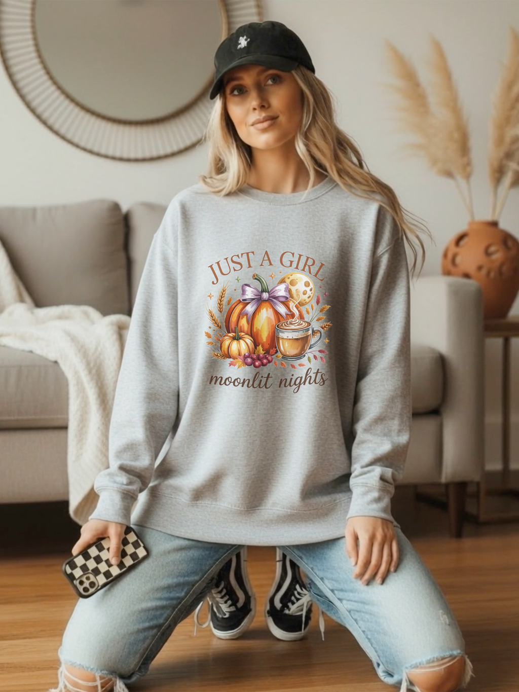 Just a Girl Moonlit Nights Sweatshirt, Cozy Fall Pumpkin Sweatshirt, Autumn Coffee Lover Pullover, Vintage Fall Crewneck, Pumpkin Spice Shirt, Cozy Season Gift
