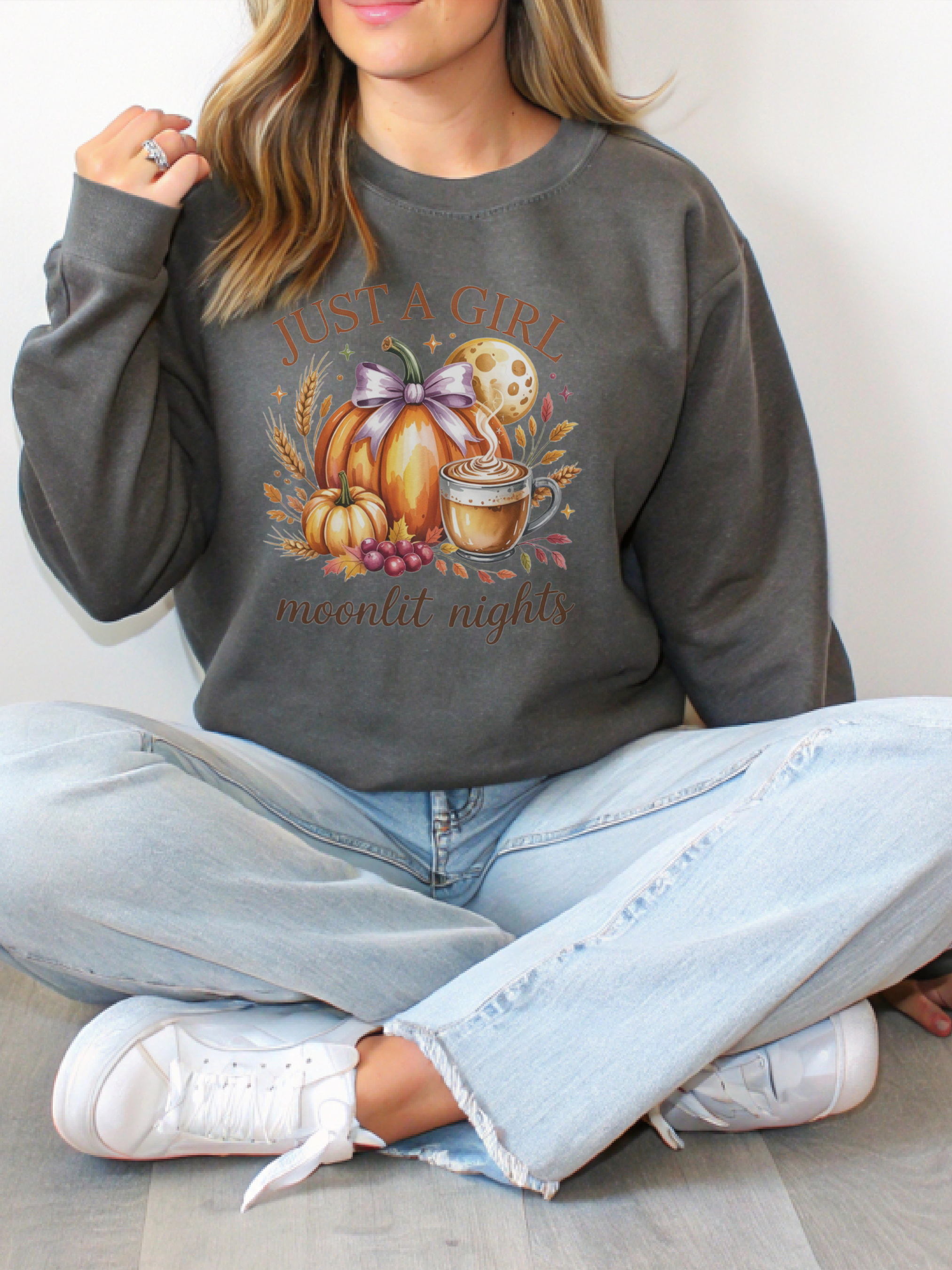 Just a Girl Moonlit Nights Sweatshirt, Cozy Fall Pumpkin Sweatshirt, Autumn Coffee Lover Pullover, Vintage Fall Crewneck, Pumpkin Spice Shirt, Cozy Season Gift