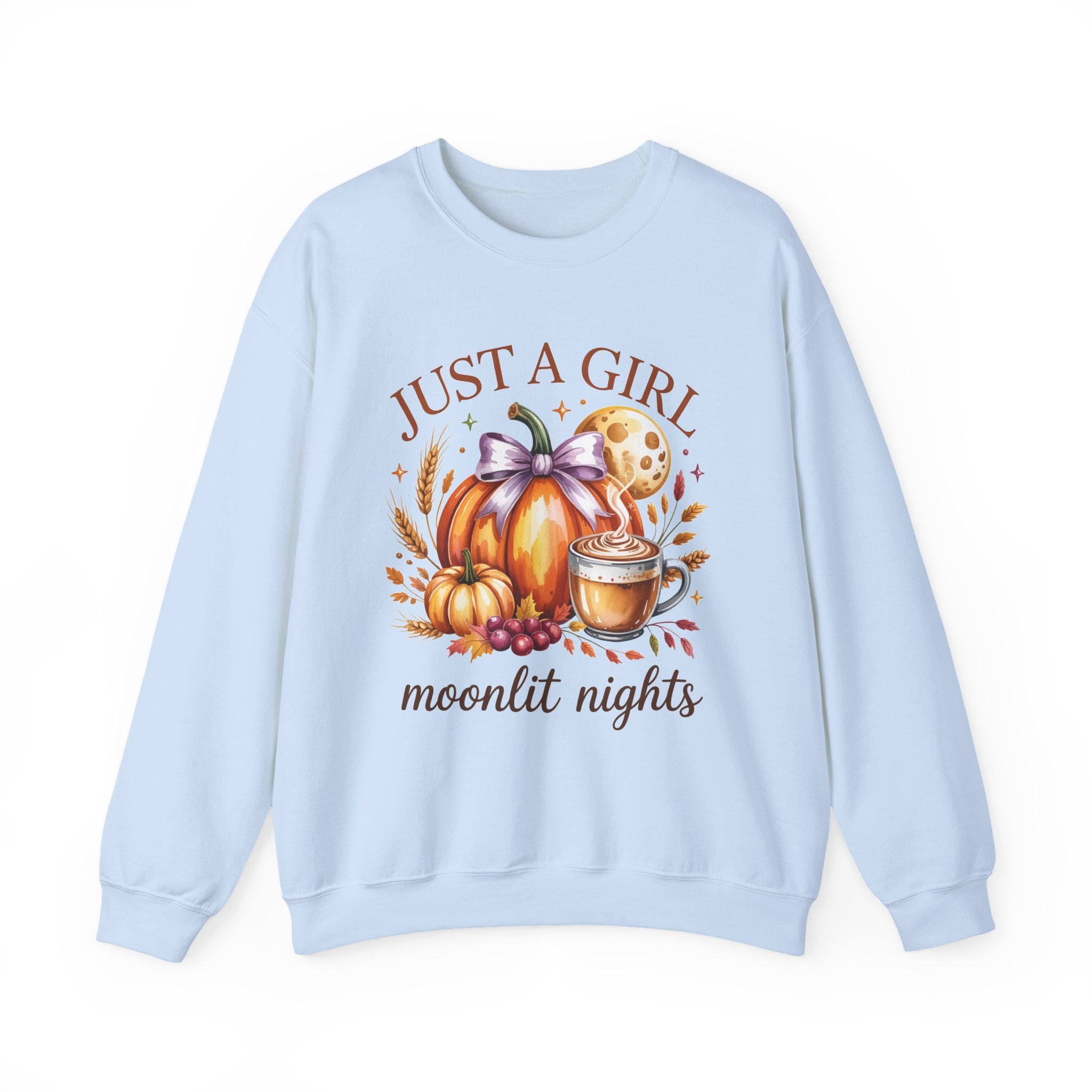 Just a Girl Moonlit Nights Sweatshirt, Cozy Fall Pumpkin Sweatshirt, Autumn Coffee Lover Pullover, Vintage Fall Crewneck, Pumpkin Spice Shirt, Cozy Season Gift