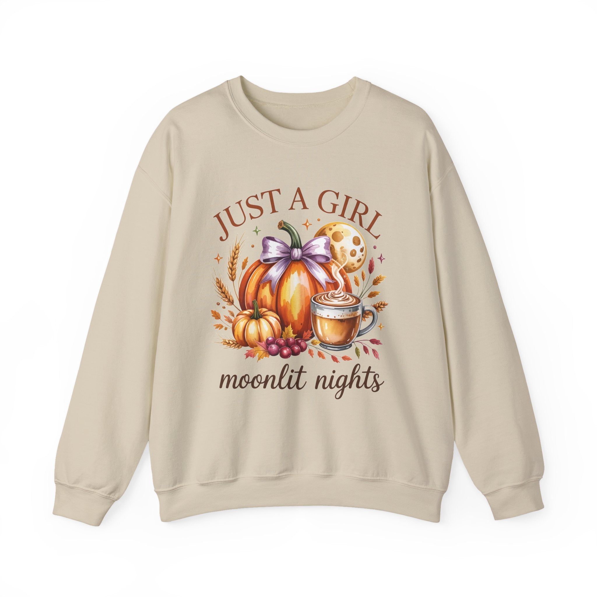 Just a Girl Moonlit Nights Sweatshirt, Cozy Fall Pumpkin Sweatshirt, Autumn Coffee Lover Pullover, Vintage Fall Crewneck, Pumpkin Spice Shirt, Cozy Season Gift
