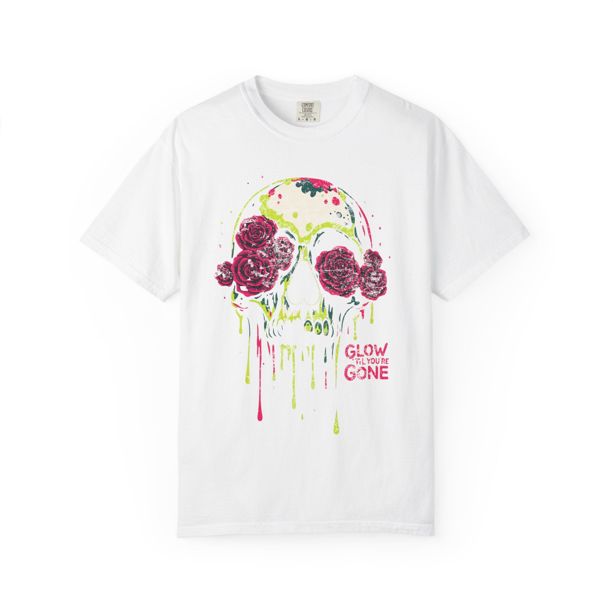 Glow ’Til You’re Gone Tee – Die Lit, Literally. Vibrant Skull Rose T-Shirt | Unisex Streetwear | Gothic Gift for Music Lovers & Halloween | Glow in the Dark Tee, Cool Graphic Shirt