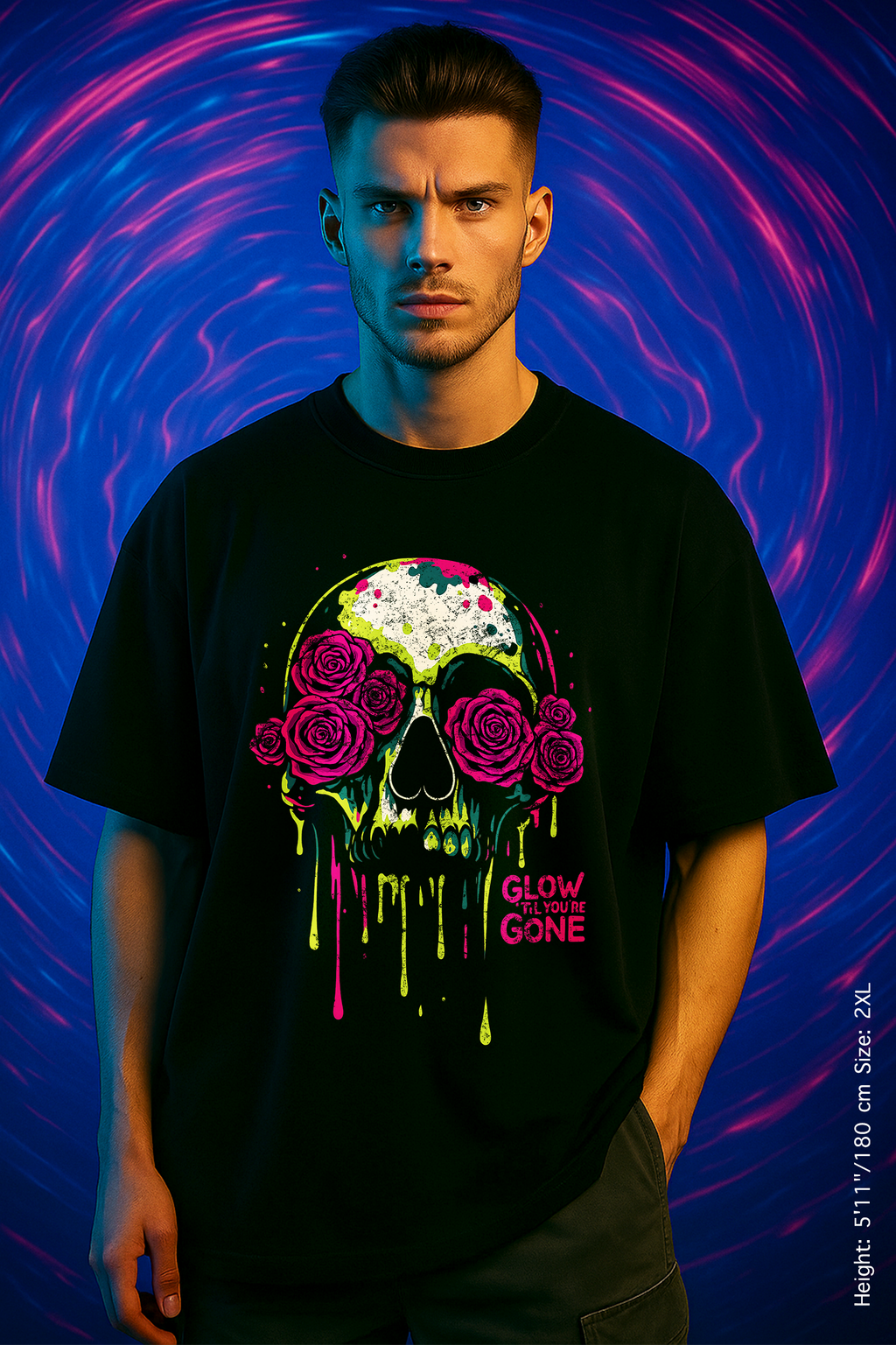 Glow ’Til You’re Gone Tee – Die Lit, Literally. Vibrant Skull Rose T-Shirt | Unisex Streetwear | Gothic Gift for Music Lovers & Halloween | Glow in the Dark Tee, Cool Graphic Shirt