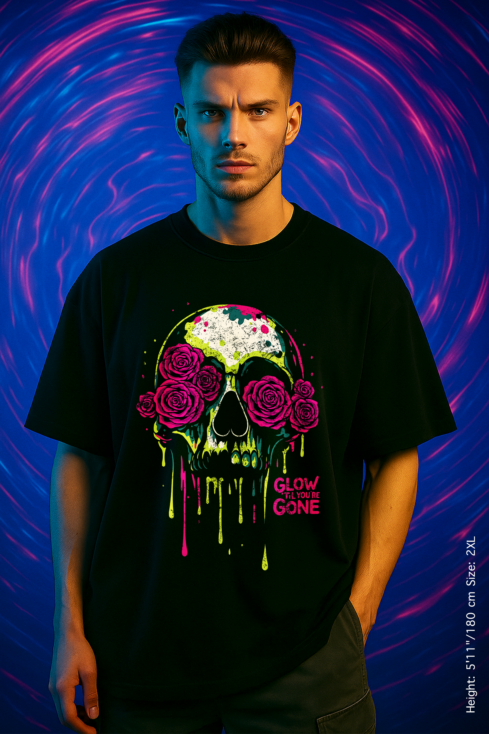 Glow ’Til You’re Gone Tee – Die Lit, Literally. Vibrant Skull Rose T-Shirt | Unisex Streetwear | Gothic Gift for Music Lovers & Halloween | Glow in the Dark Tee, Cool Graphic Shirt