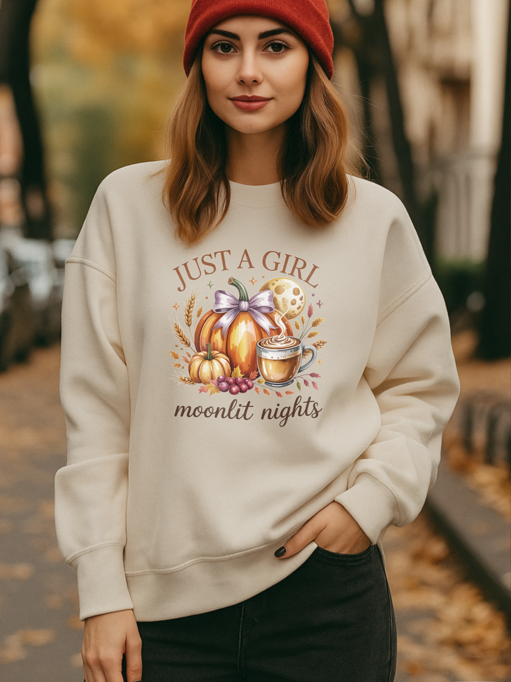 Just a Girl Moonlit Nights Sweatshirt, Cozy Fall Pumpkin Sweatshirt, Autumn Coffee Lover Pullover, Vintage Fall Crewneck, Pumpkin Spice Shirt, Cozy Season Gift