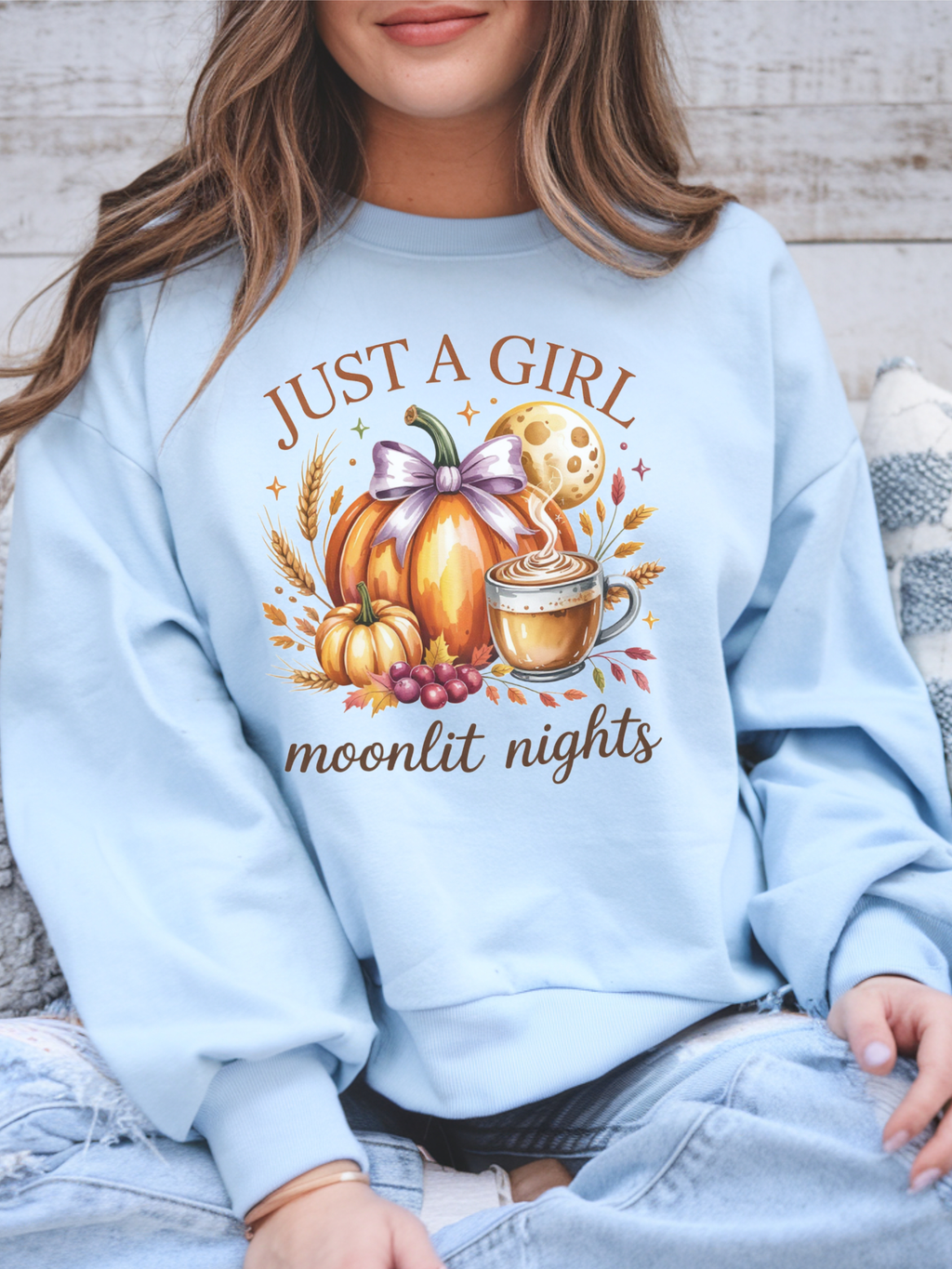 Just a Girl Moonlit Nights Sweatshirt, Cozy Fall Pumpkin Sweatshirt, Autumn Coffee Lover Pullover, Vintage Fall Crewneck, Pumpkin Spice Shirt, Cozy Season Gift