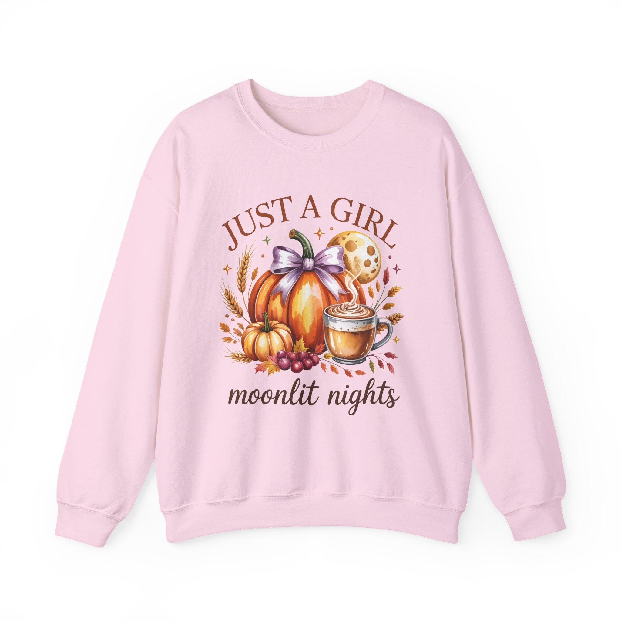 Just a Girl Moonlit Nights Sweatshirt, Cozy Fall Pumpkin Sweatshirt, Autumn Coffee Lover Pullover, Vintage Fall Crewneck, Pumpkin Spice Shirt, Cozy Season Gift