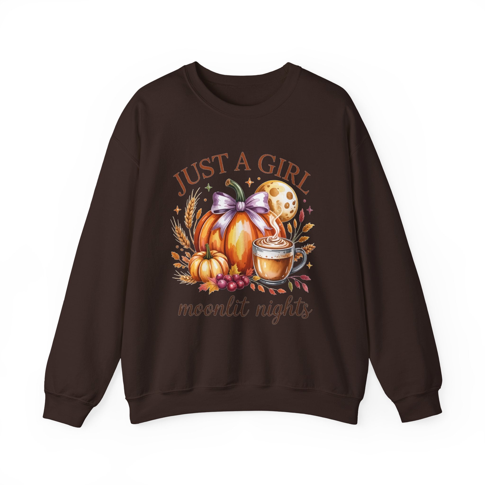 Just a Girl Moonlit Nights Sweatshirt, Cozy Fall Pumpkin Sweatshirt, Autumn Coffee Lover Pullover, Vintage Fall Crewneck, Pumpkin Spice Shirt, Cozy Season Gift