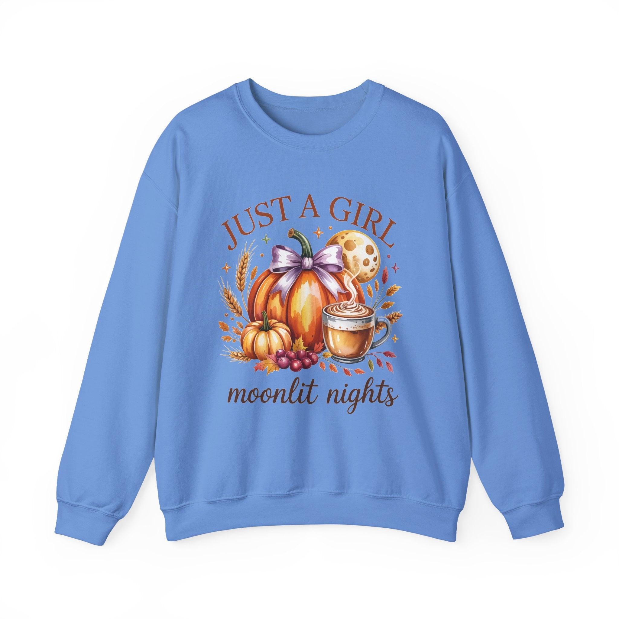 Just a Girl Moonlit Nights Sweatshirt, Cozy Fall Pumpkin Sweatshirt, Autumn Coffee Lover Pullover, Vintage Fall Crewneck, Pumpkin Spice Shirt, Cozy Season Gift