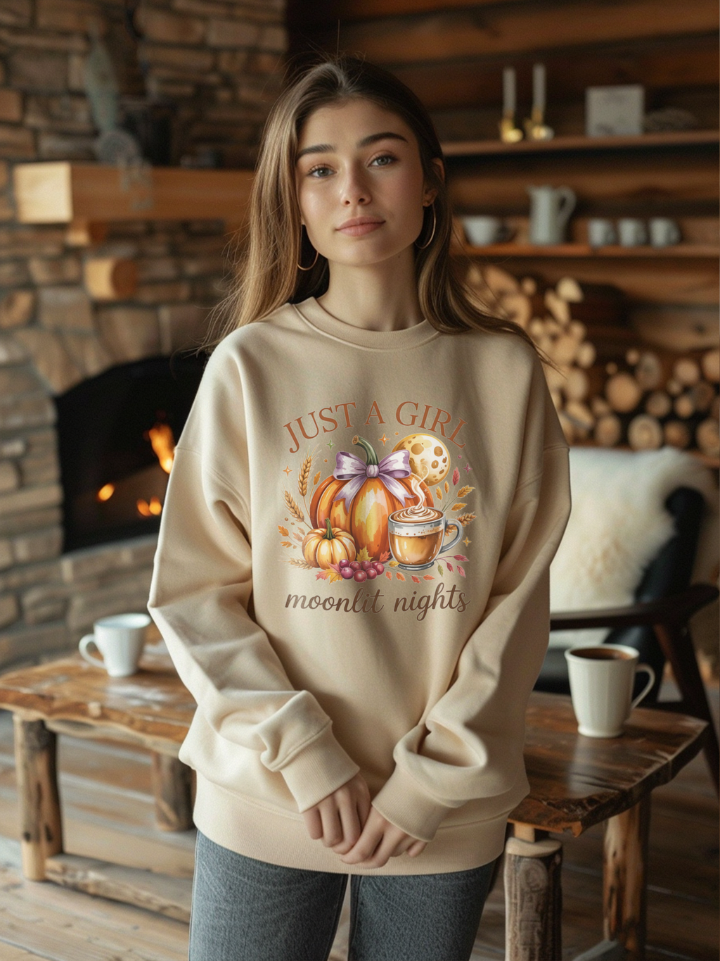Just a Girl Moonlit Nights Sweatshirt, Cozy Fall Pumpkin Sweatshirt, Autumn Coffee Lover Pullover, Vintage Fall Crewneck, Pumpkin Spice Shirt, Cozy Season Gift