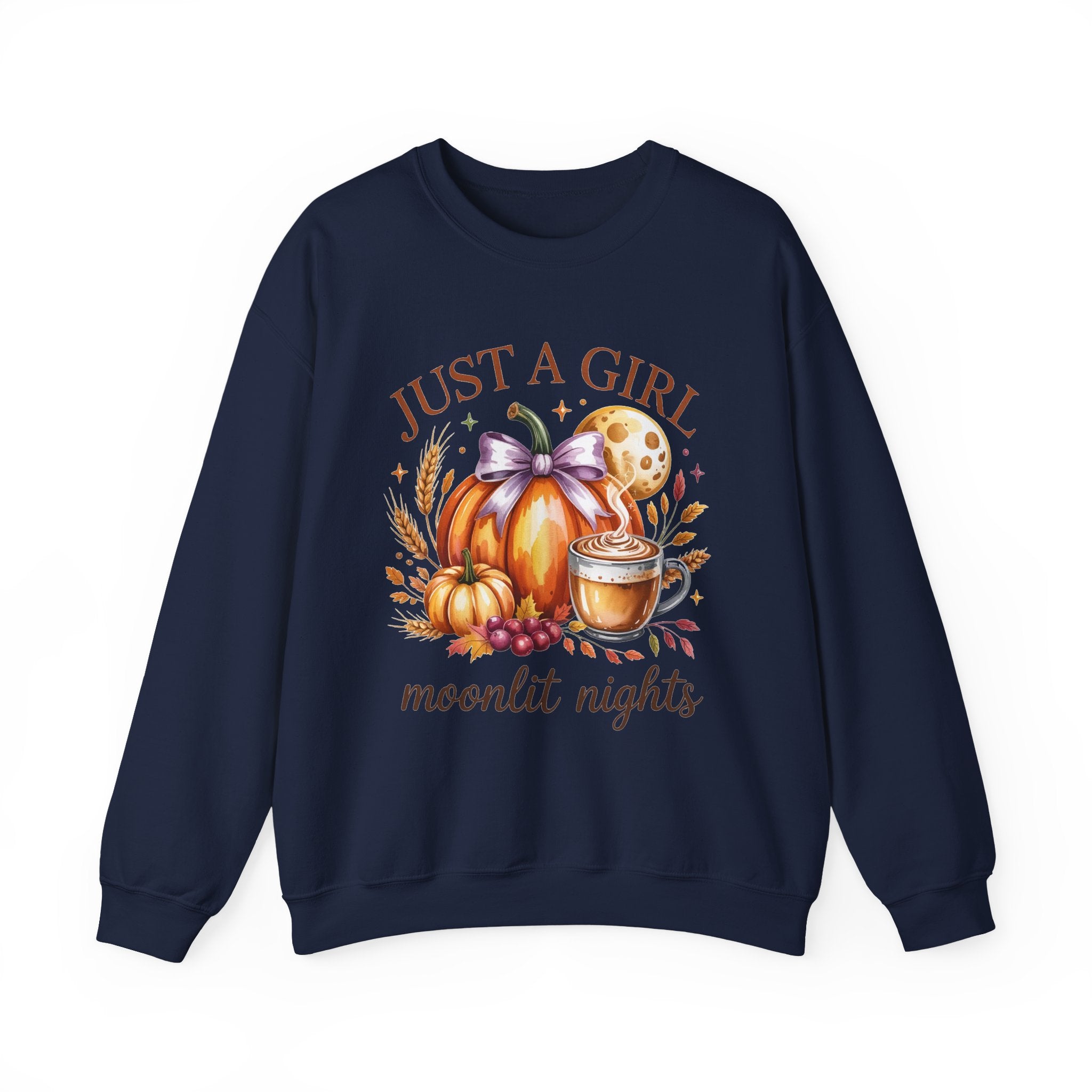 Just a Girl Moonlit Nights Sweatshirt, Cozy Fall Pumpkin Sweatshirt, Autumn Coffee Lover Pullover, Vintage Fall Crewneck, Pumpkin Spice Shirt, Cozy Season Gift