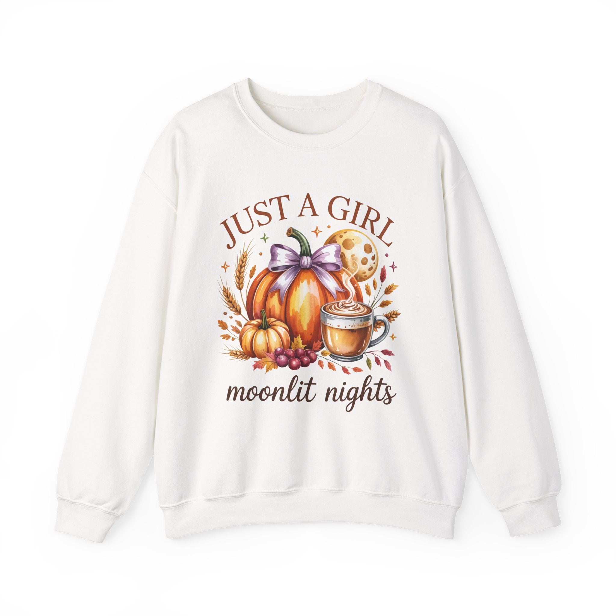 Just a Girl Moonlit Nights Sweatshirt, Cozy Fall Pumpkin Sweatshirt, Autumn Coffee Lover Pullover, Vintage Fall Crewneck, Pumpkin Spice Shirt, Cozy Season Gift