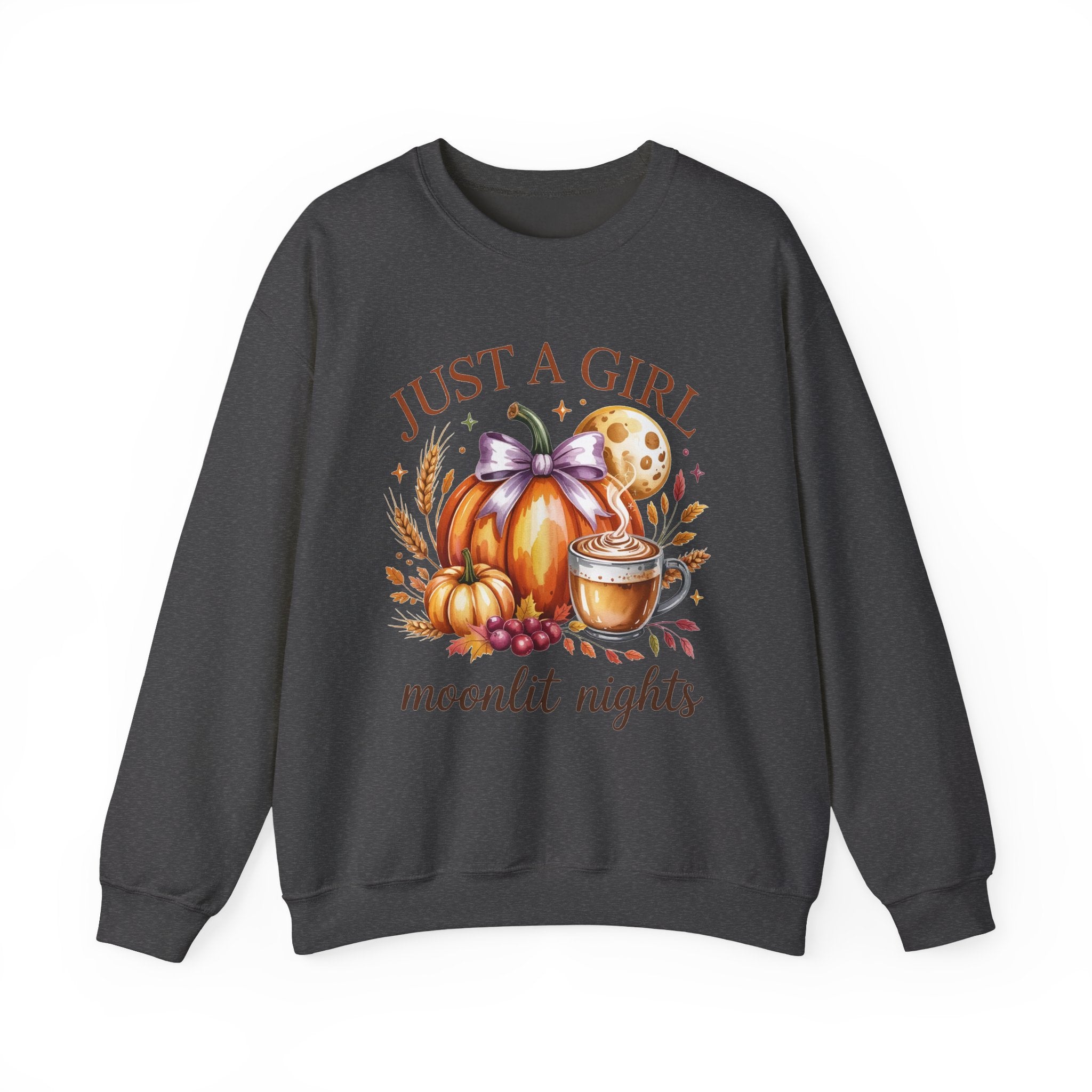 Just a Girl Moonlit Nights Sweatshirt, Cozy Fall Pumpkin Sweatshirt, Autumn Coffee Lover Pullover, Vintage Fall Crewneck, Pumpkin Spice Shirt, Cozy Season Gift