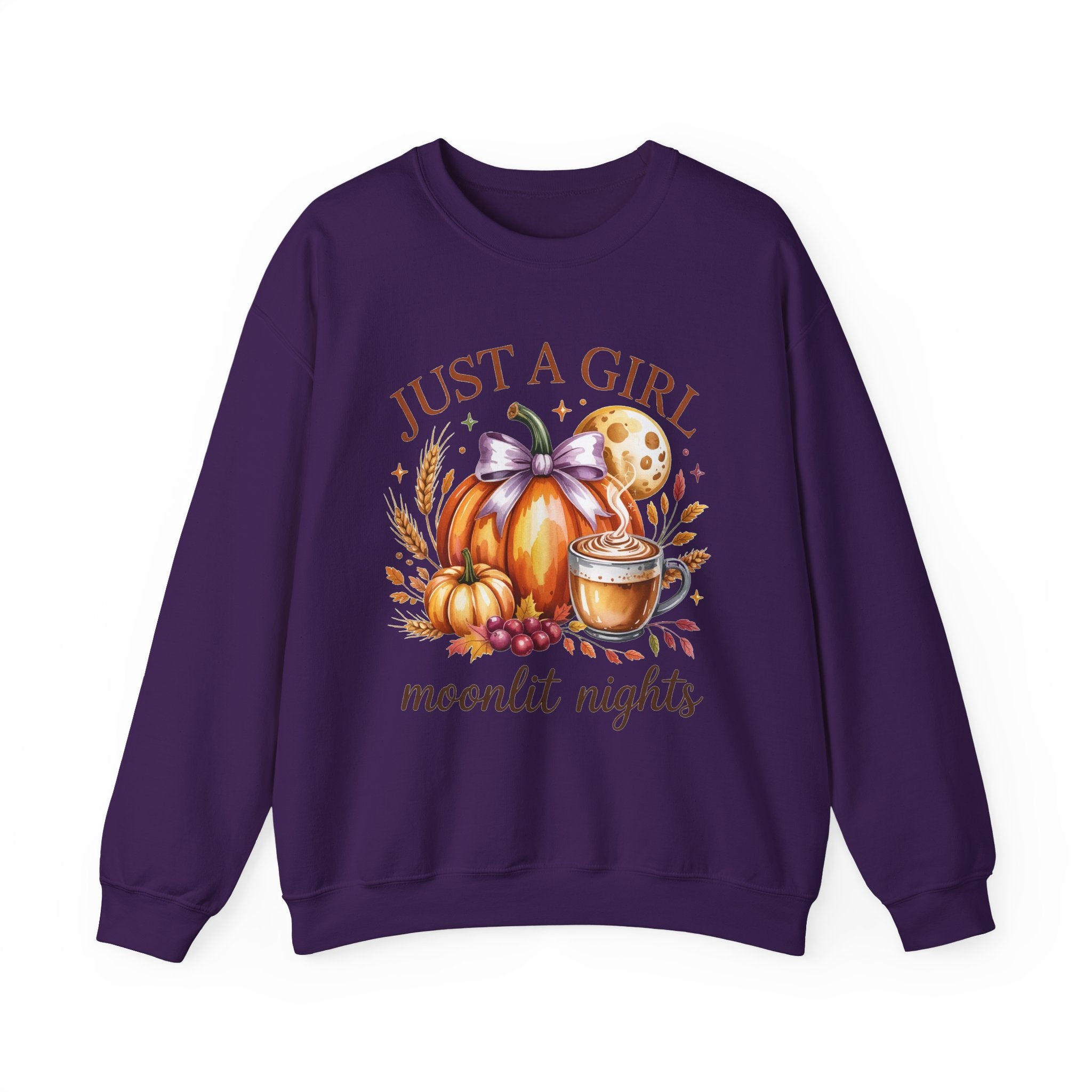 Just a Girl Moonlit Nights Sweatshirt, Cozy Fall Pumpkin Sweatshirt, Autumn Coffee Lover Pullover, Vintage Fall Crewneck, Pumpkin Spice Shirt, Cozy Season Gift