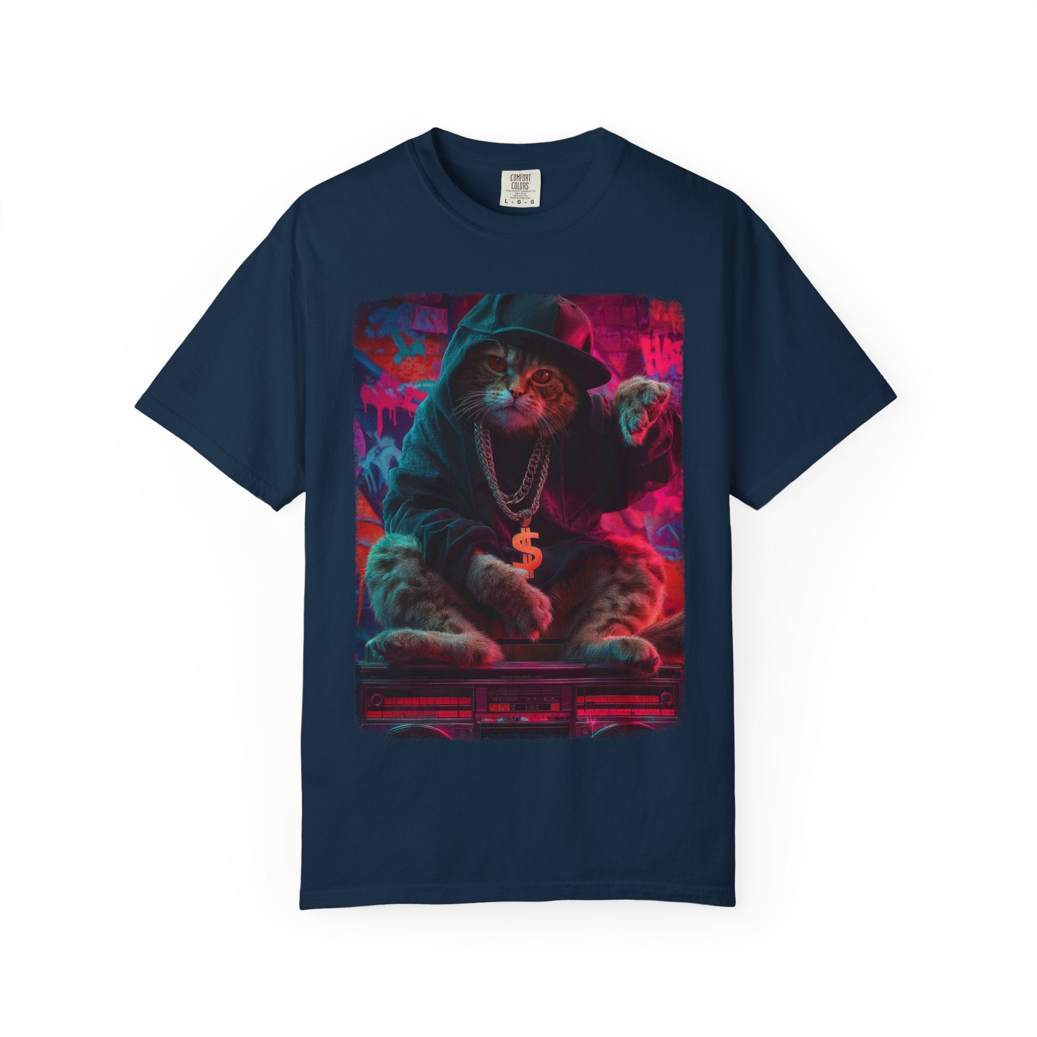 Block Party Boss Tee – Feline Flow, Neon Glow. Vibrant Cat Hoodie Unisex Garment-Dyed T-Shirt, Cute Cat Tee, Trendy Streetwear, Perfect Gift, Animal Lover Shirt, Casual Everyday Wear
