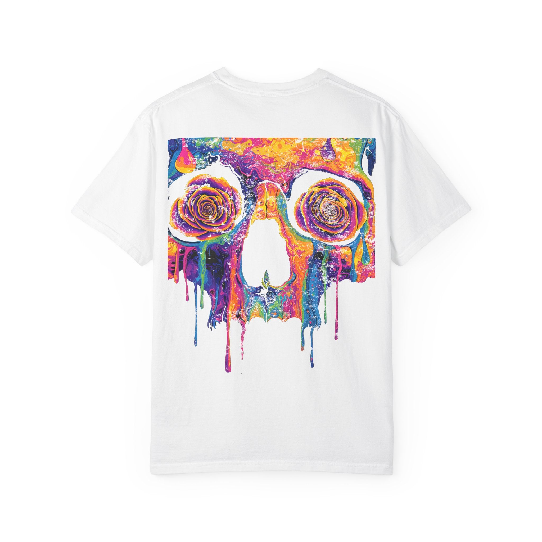 Psycho Bloom Backprint Tee – Colorful 'Til the Crypt. Colorful Skull Graphic Tee, Unisex T-Shirt, Trendy Streetwear, Gift for Art Lovers, Festival Apparel, Unique Casual Wear