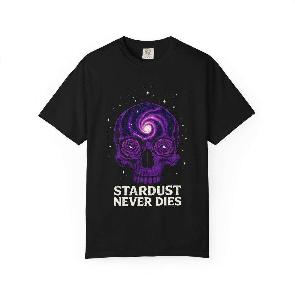 Stardust Never Dies Tee – Cosmic Spirit, Eternal Flame. Cosmic Skull T-shirt, Alternative Unisex Tee, Gift for Space Lovers, Halloween Apparel, Trendy Graphic Shirt