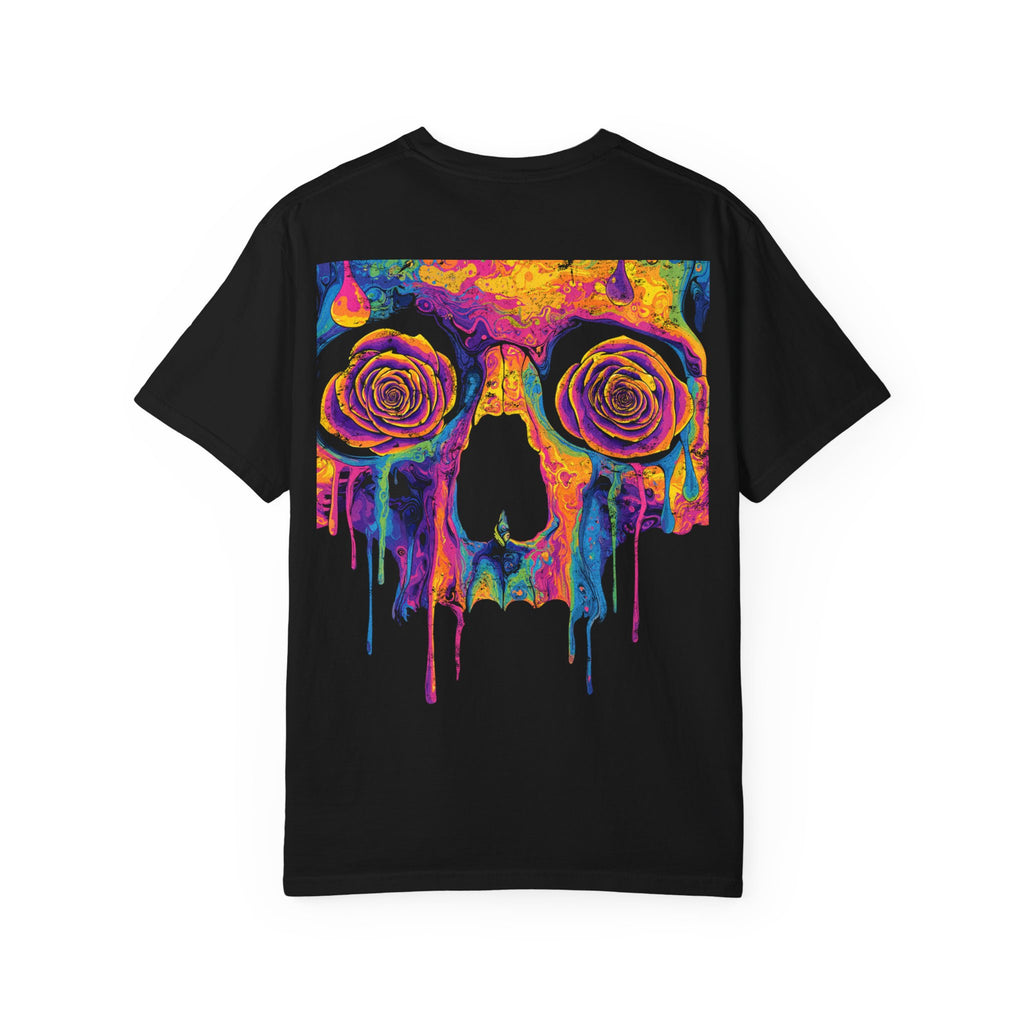 Psycho Bloom Backprint Tee – Colorful 'Til the Crypt. Colorful Skull Graphic Tee, Unisex T-Shirt, Trendy Streetwear, Gift for Art Lovers, Festival Apparel, Unique Casual Wear