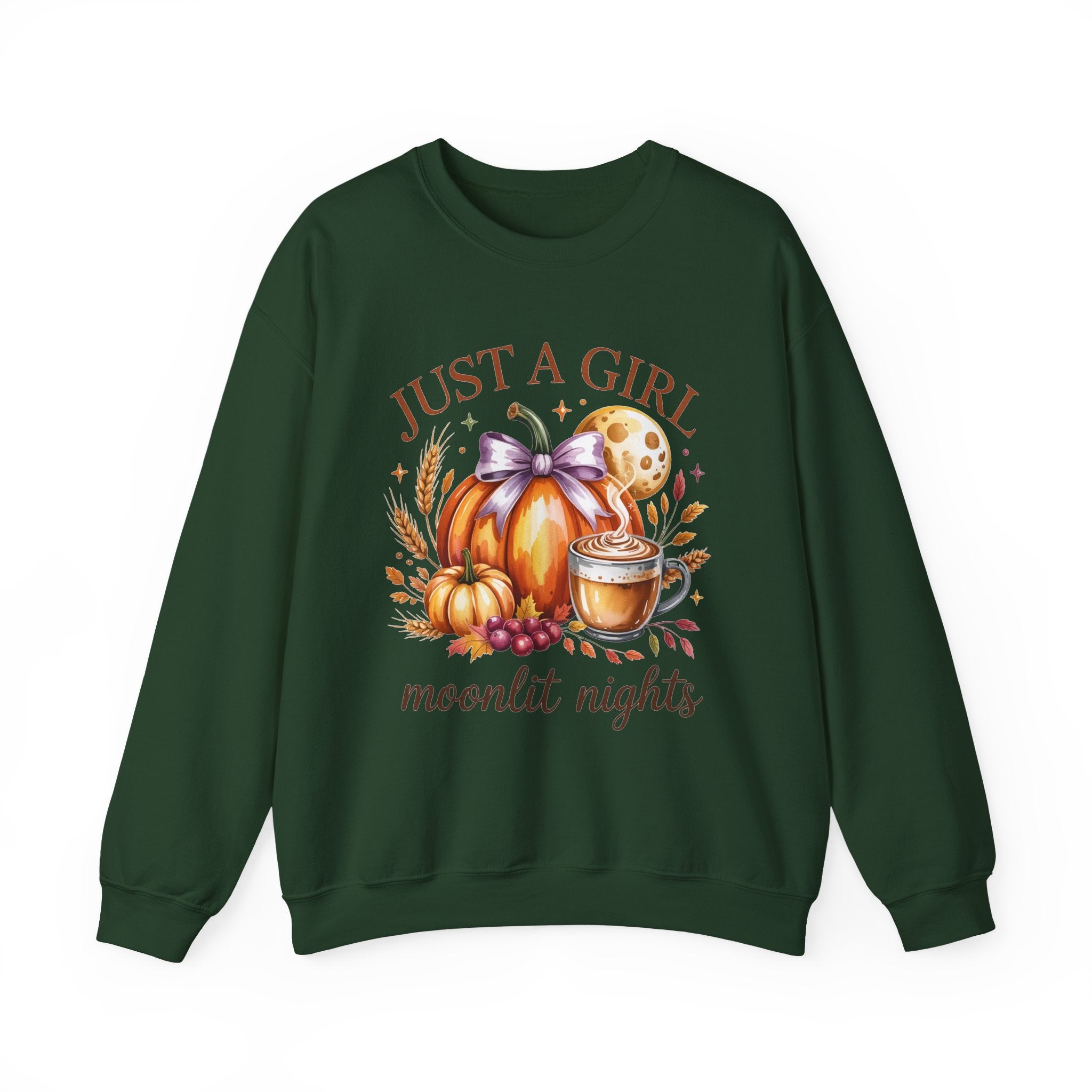 Just a Girl Moonlit Nights Sweatshirt, Cozy Fall Pumpkin Sweatshirt, Autumn Coffee Lover Pullover, Vintage Fall Crewneck, Pumpkin Spice Shirt, Cozy Season Gift