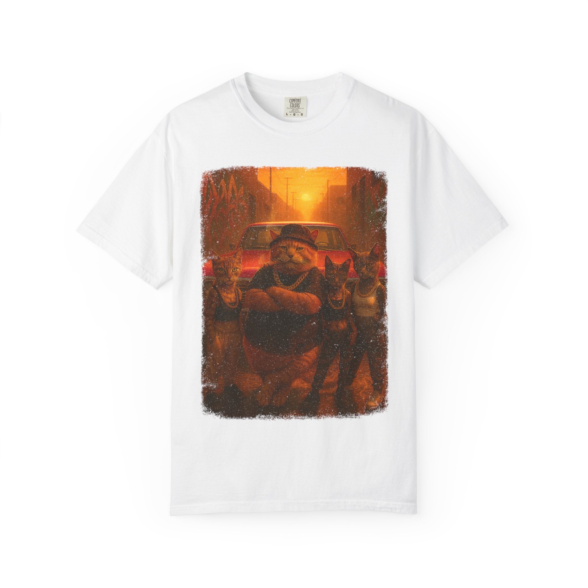 Alley Kings Tee – Sunset Streets, Feline Heat. Urban Vibe Graphic Tee | Unisex Garment-Dyed T-shirt for Trendy Styles, Casual Wear, Gifts, Street Fashion, Everyday Comfort.