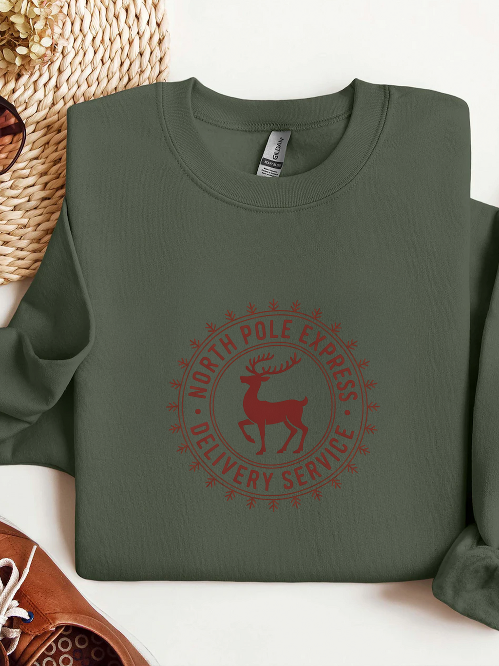 North Pole Express Sweatshirt, Deer Christmas Crewneck, Delivery Service Christmas Sweater, Woman Christmas Sweater, Holiday Girly Shirt, Christmas Sweatshirt for Women