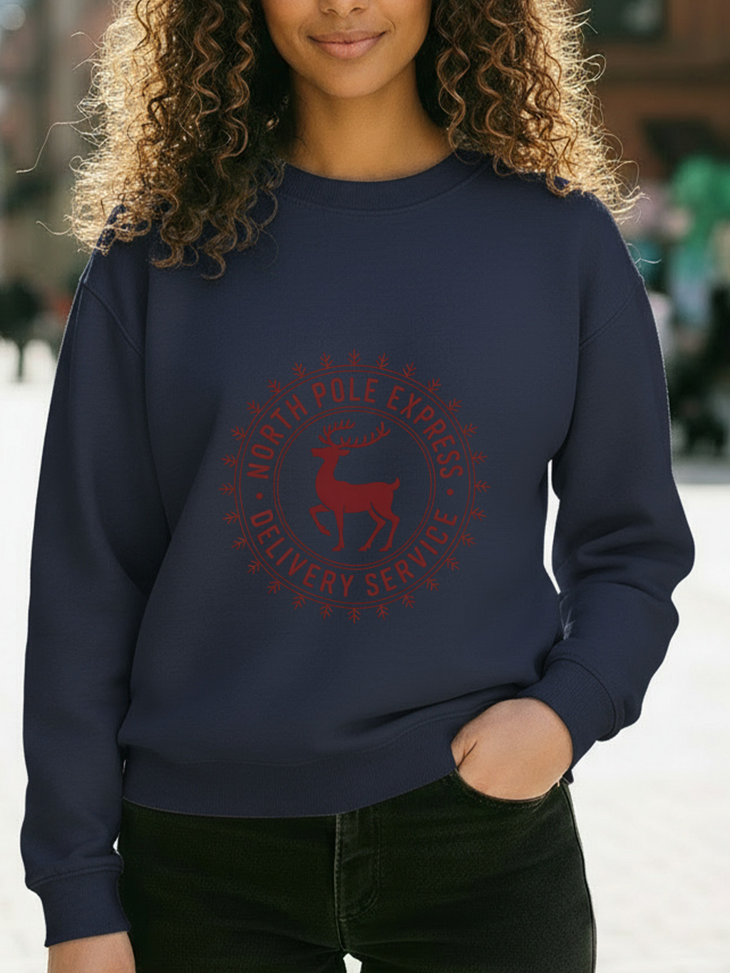 North Pole Express Sweatshirt, Deer Christmas Crewneck, Delivery Service Christmas Sweater, Woman Christmas Sweater, Holiday Girly Shirt, Christmas Sweatshirt for Women