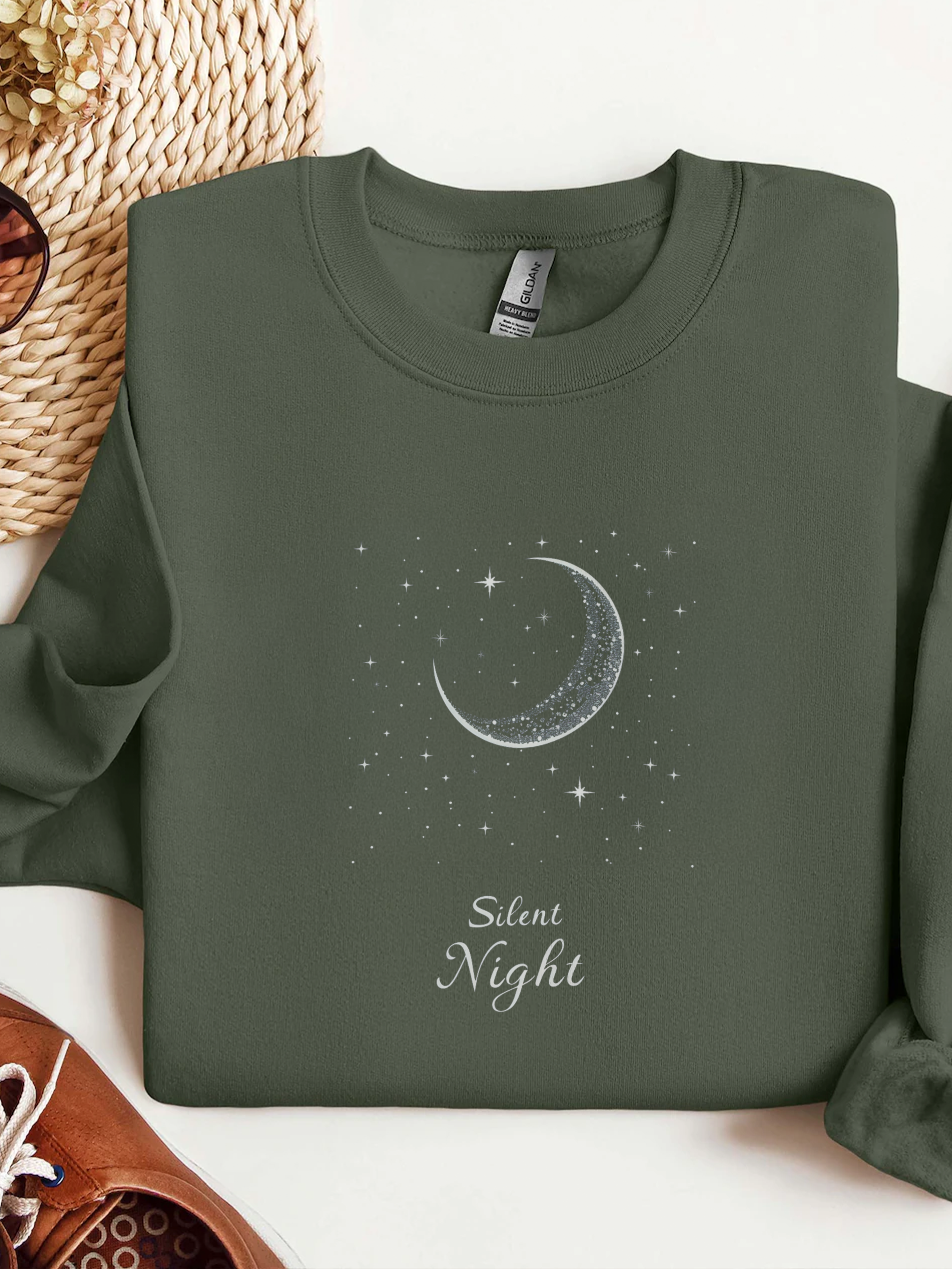 Silent Night Christmas Sweatshirt, Moon Christmas Crewneck, Winter Woman Sweater, Christmas Shirt for Women, Girly Holiday Sweatshirt