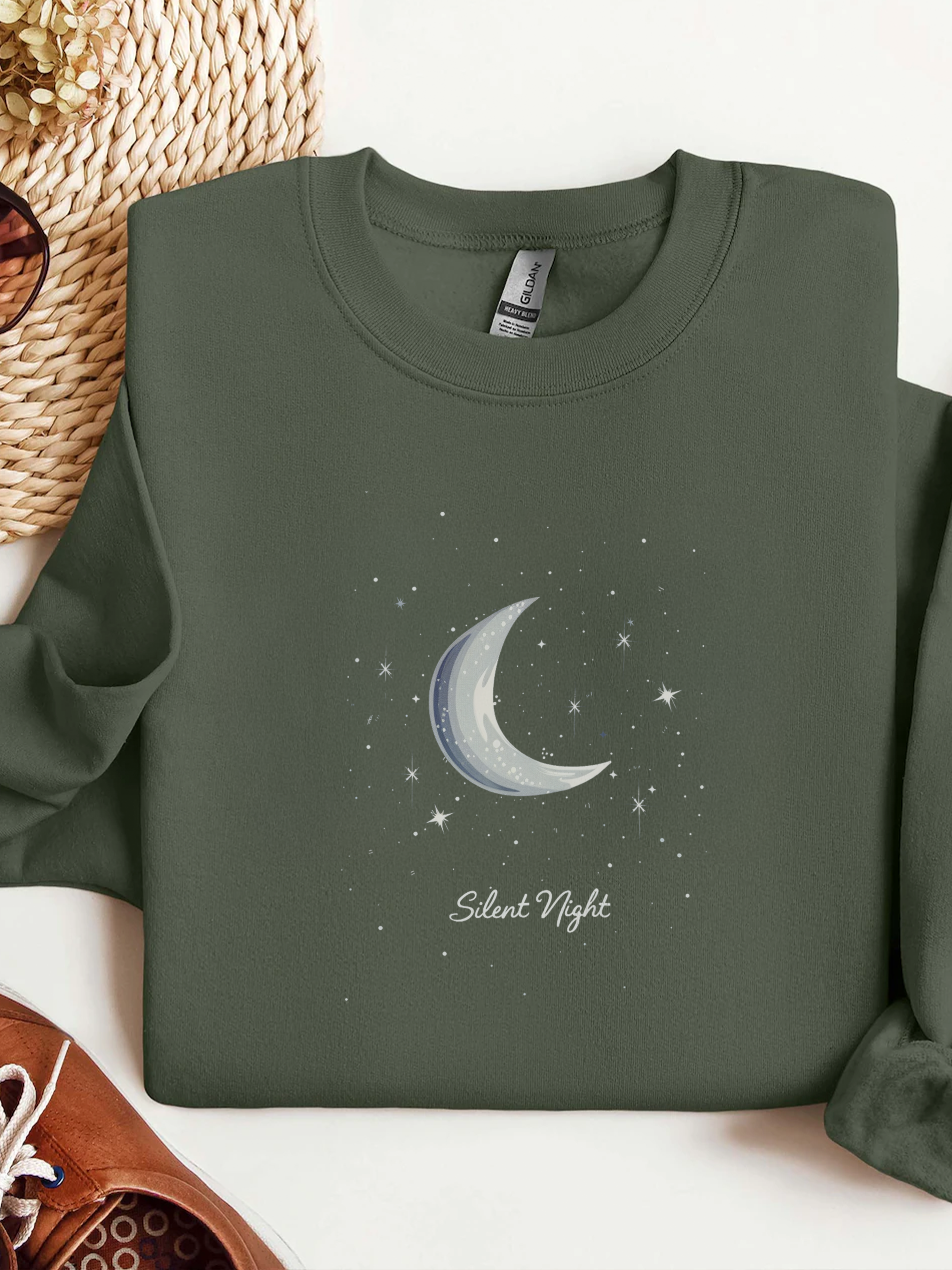 Silent Night Christmas Sweatshirt, Moon Christmas Crewneck, Winter Woman Sweater, Astronomy Lover Gift, Girly Holiday Sweatshirt for Woman