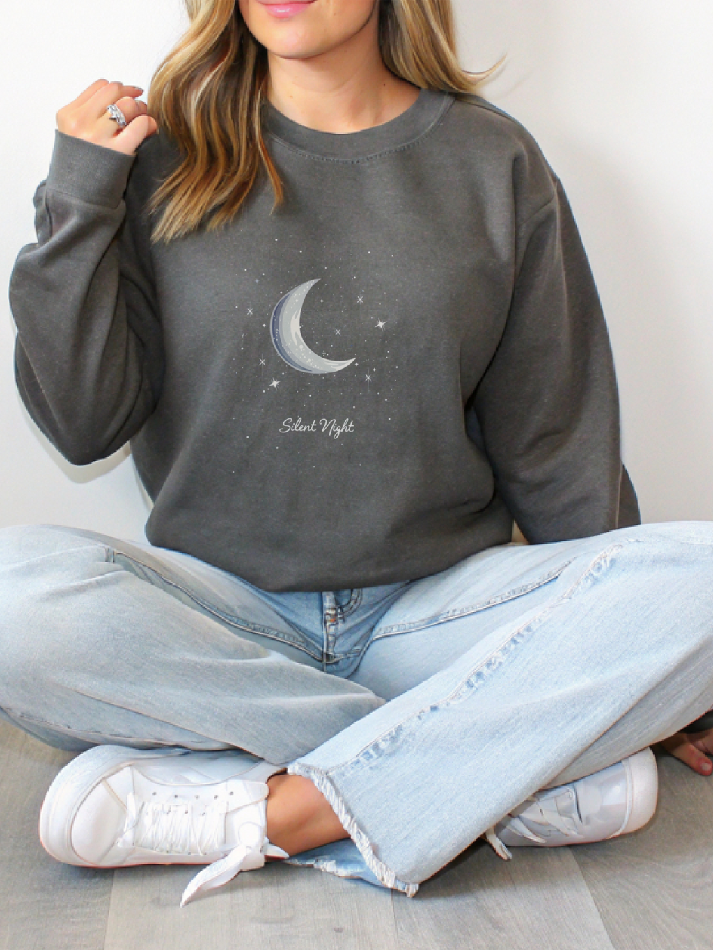 Silent Night Christmas Sweatshirt, Moon Christmas Crewneck, Winter Woman Sweater, Astronomy Lover Gift, Girly Holiday Sweatshirt for Woman