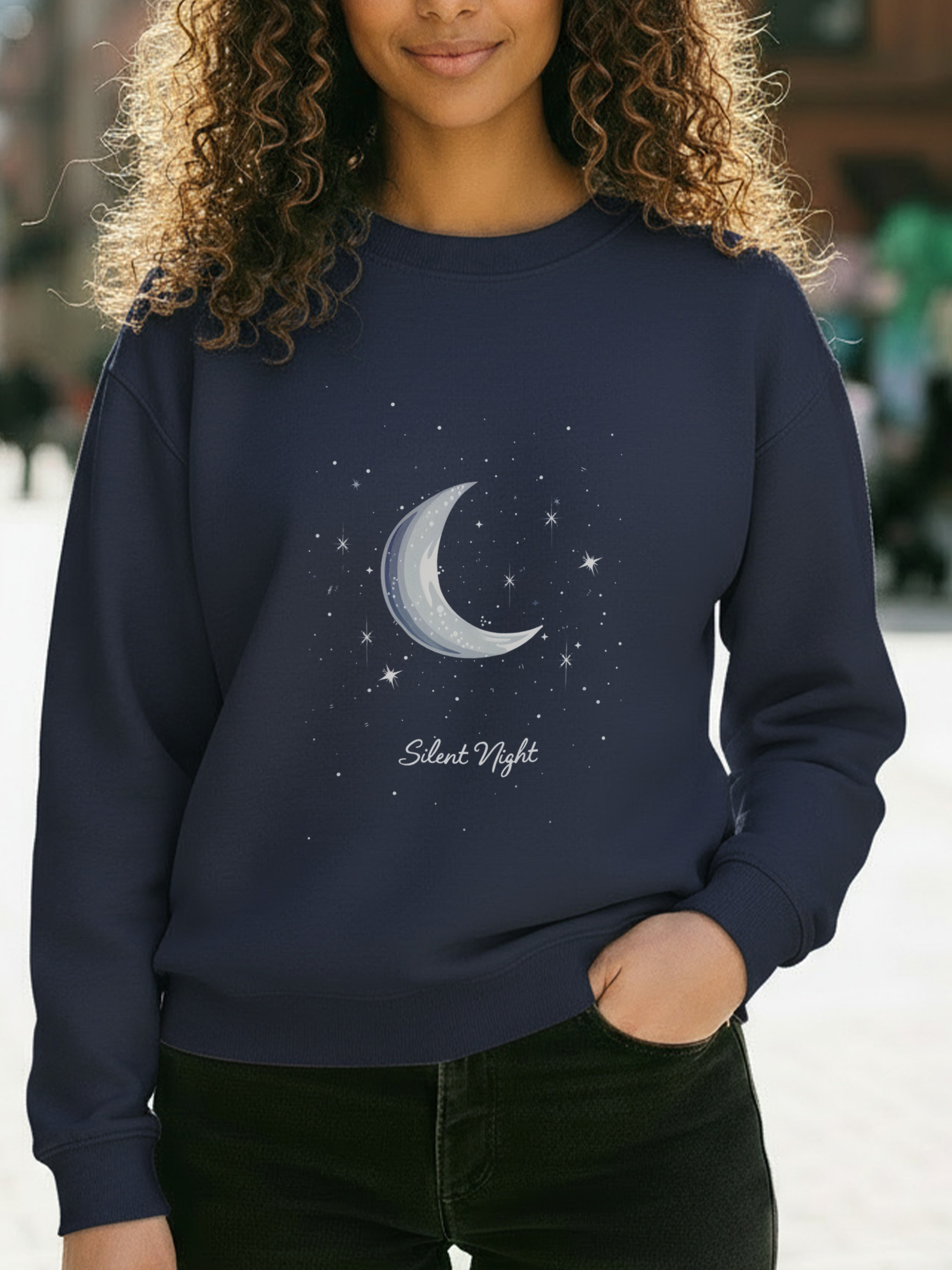 Silent Night Christmas Sweatshirt, Moon Christmas Crewneck, Winter Woman Sweater, Astronomy Lover Gift, Girly Holiday Sweatshirt for Woman